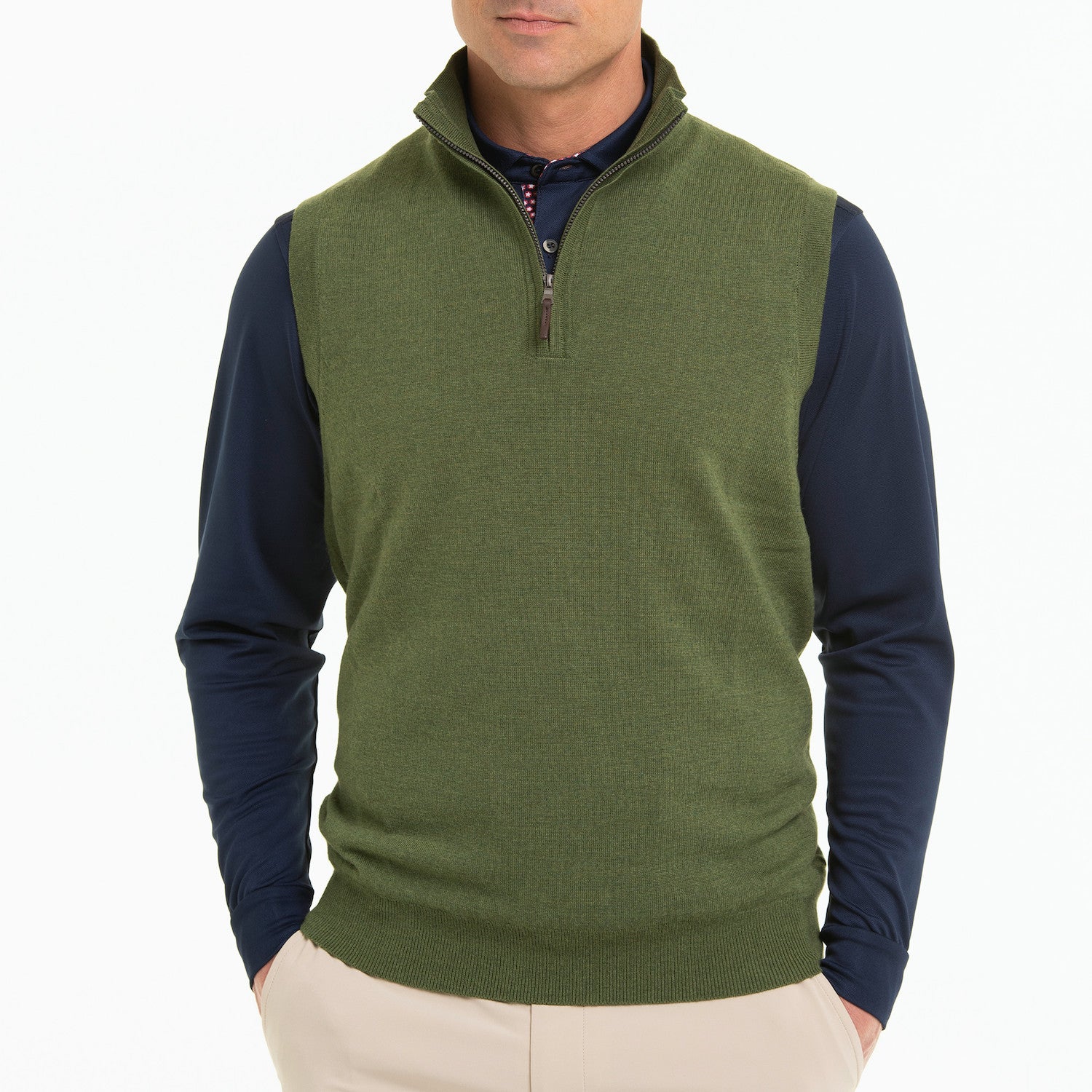 Baruffa Merino 1/4 Zip Windvest - OLIVE LEAF HEATHER