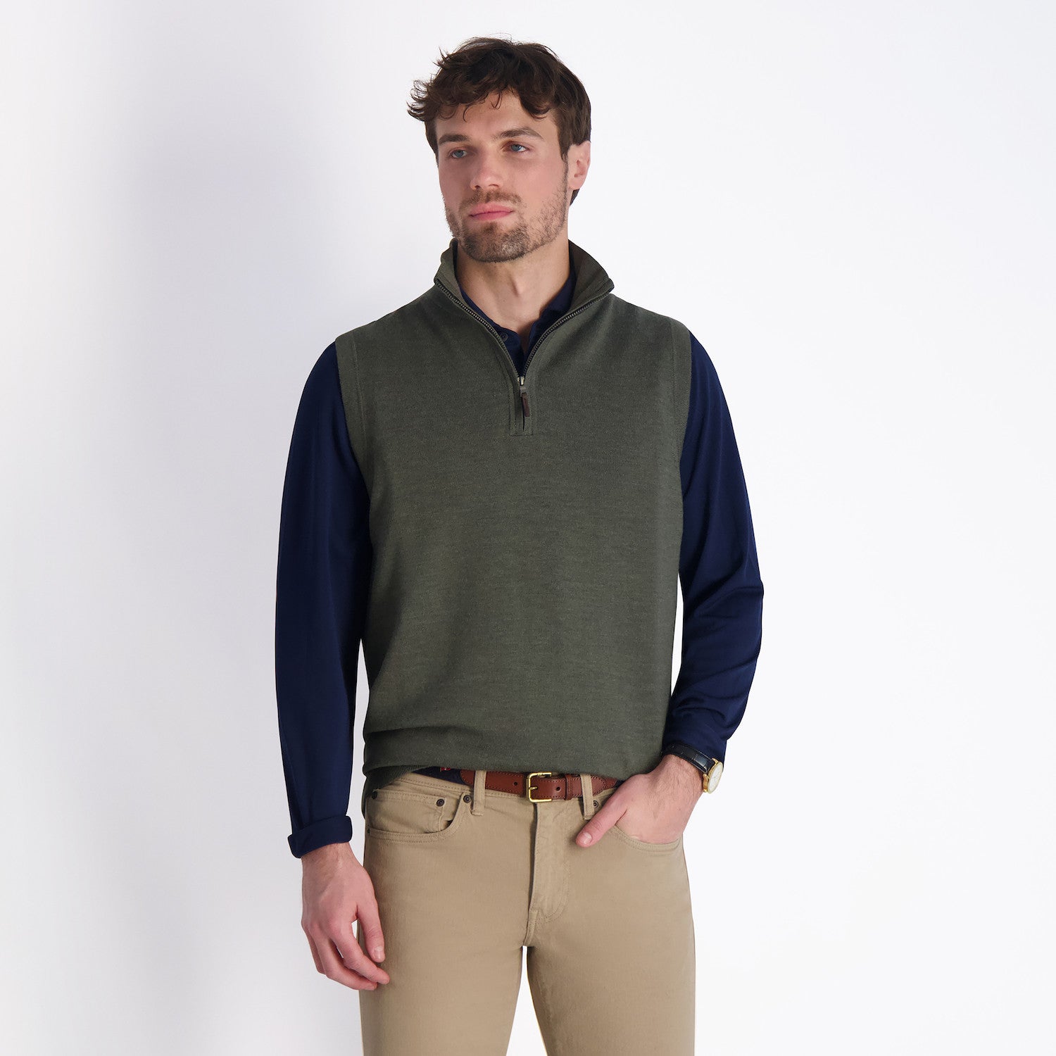 Baruffa Merino 1/4 Zip Windvest - MOSS HEATHER