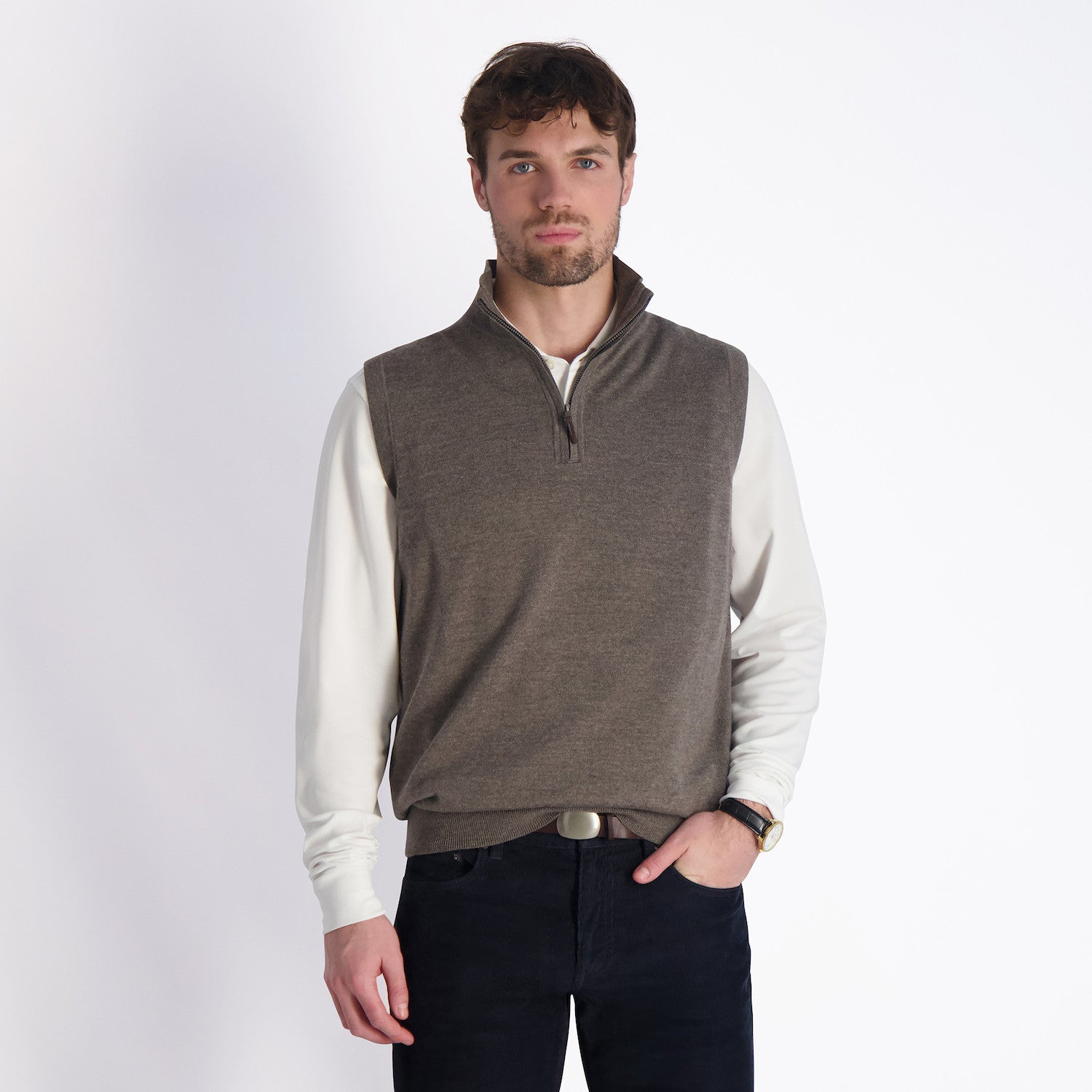Baruffa Merino 1/4 Zip Windvest - TWEED HEATHER