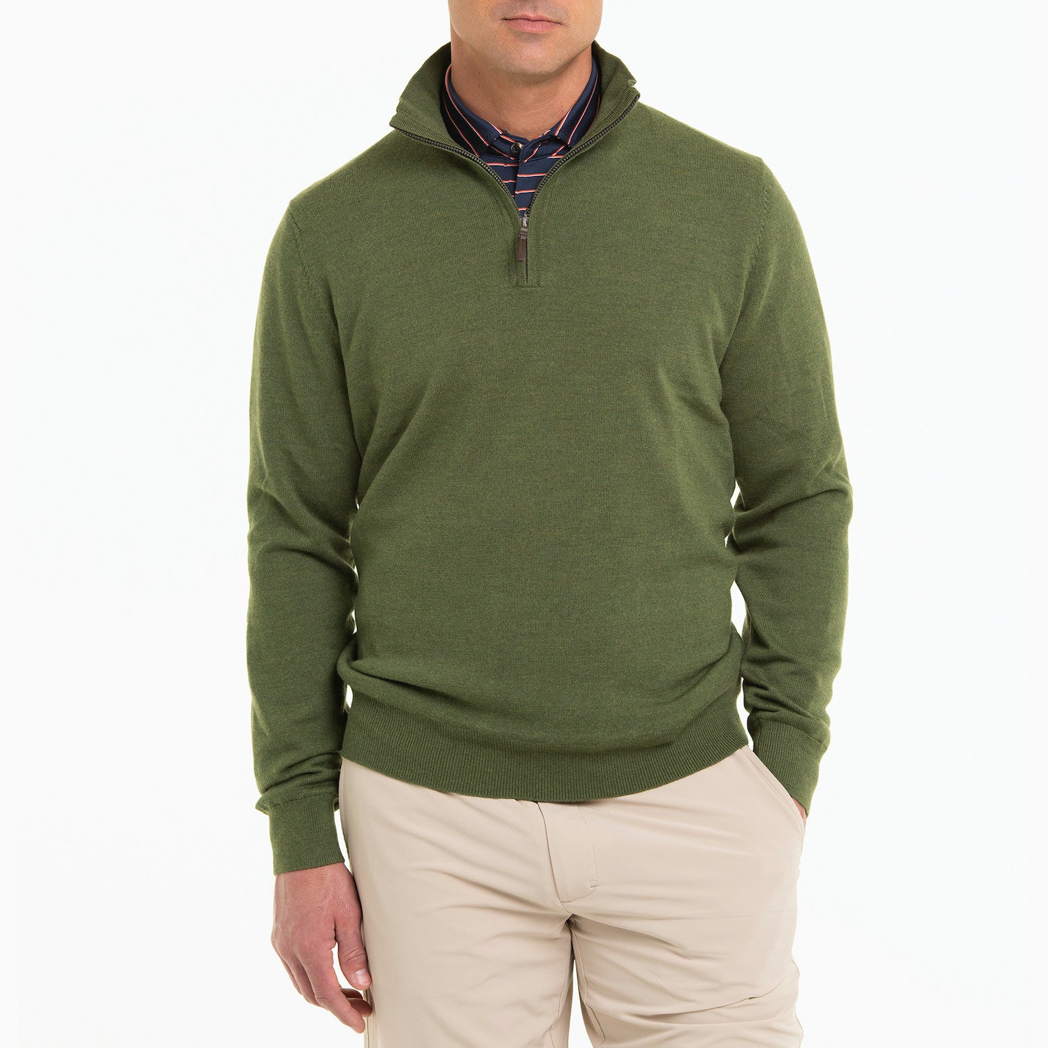 Baruffa Merino Long Sleeve 1/4 Zip Windshirt - OLIVE LEAF HEATHER