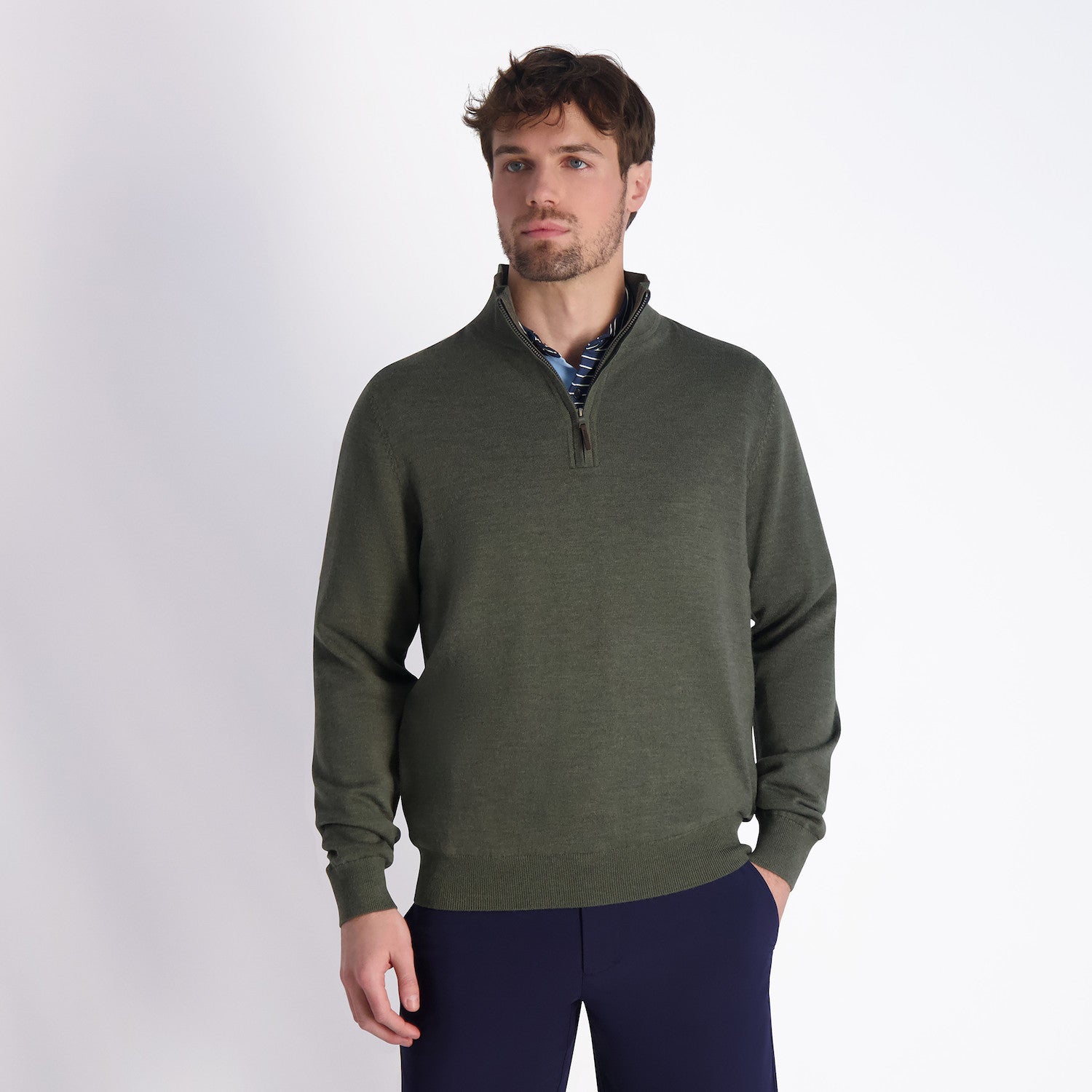 Baruffa Merino Long Sleeve 1/4 Zip Windshirt - MOSS HEATHER